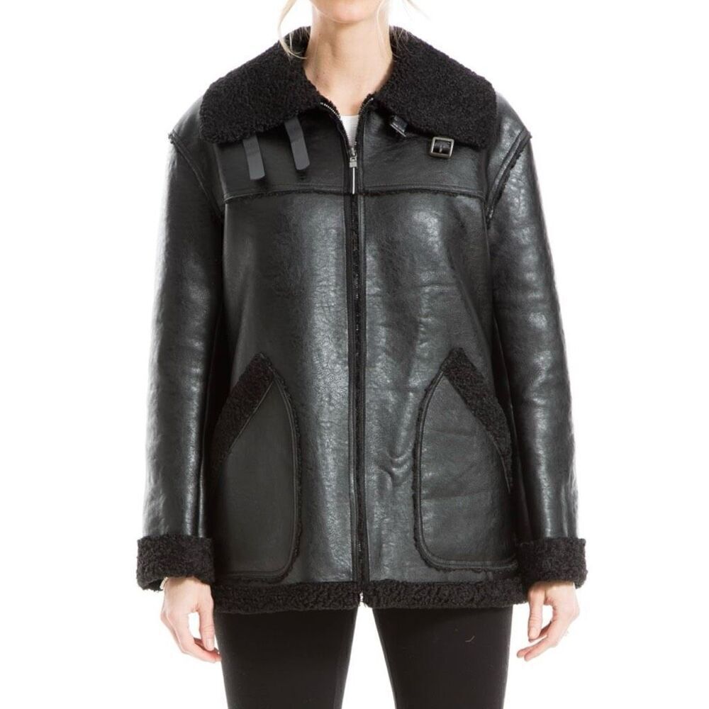 Max Studio Black Faux Leather Zip Front Jacket Sherpa Lined Buckle Size M NWT